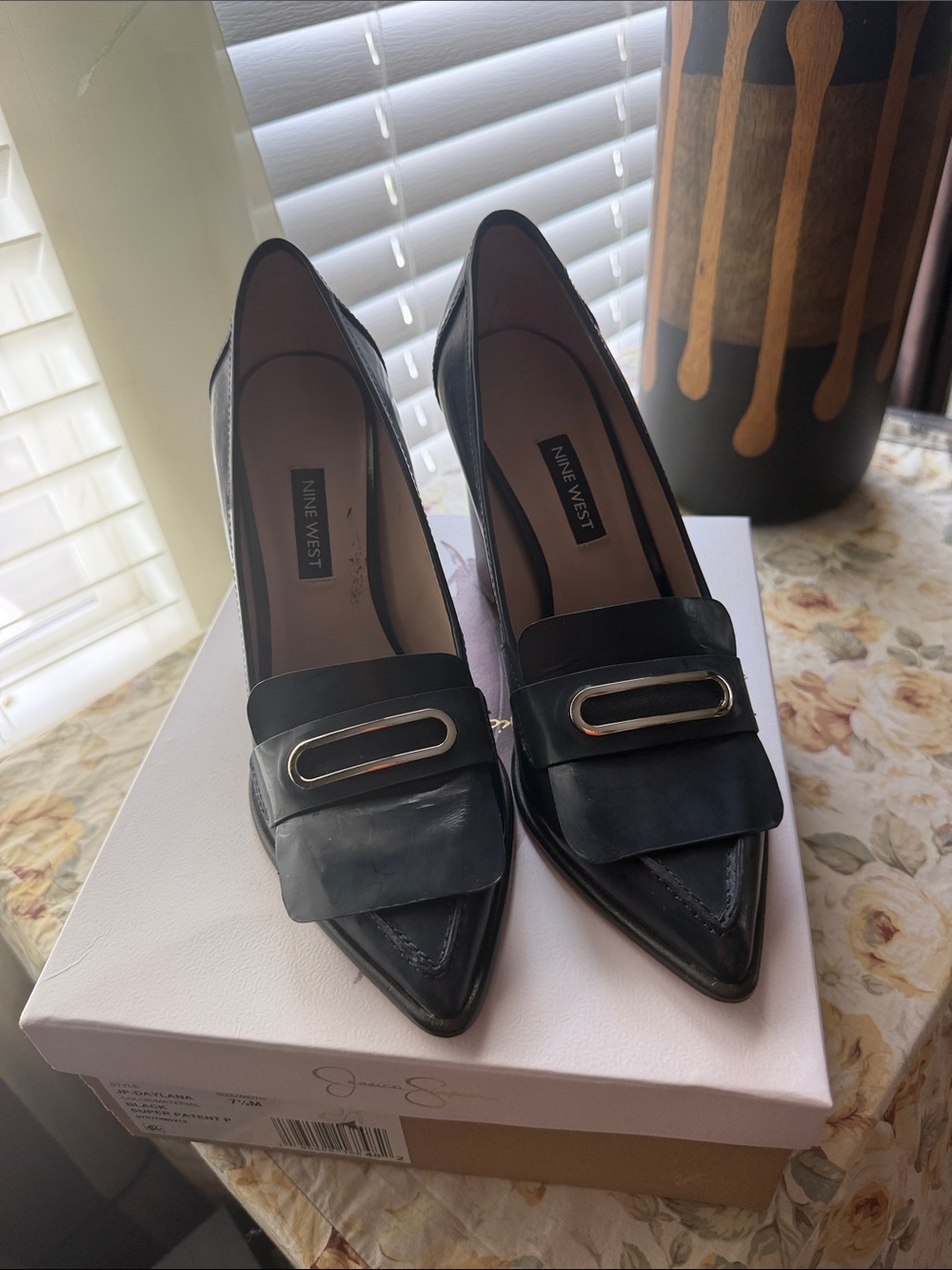 Nine West Navy Blue Pointed Toe Slip-On Loafers with Gold Accent